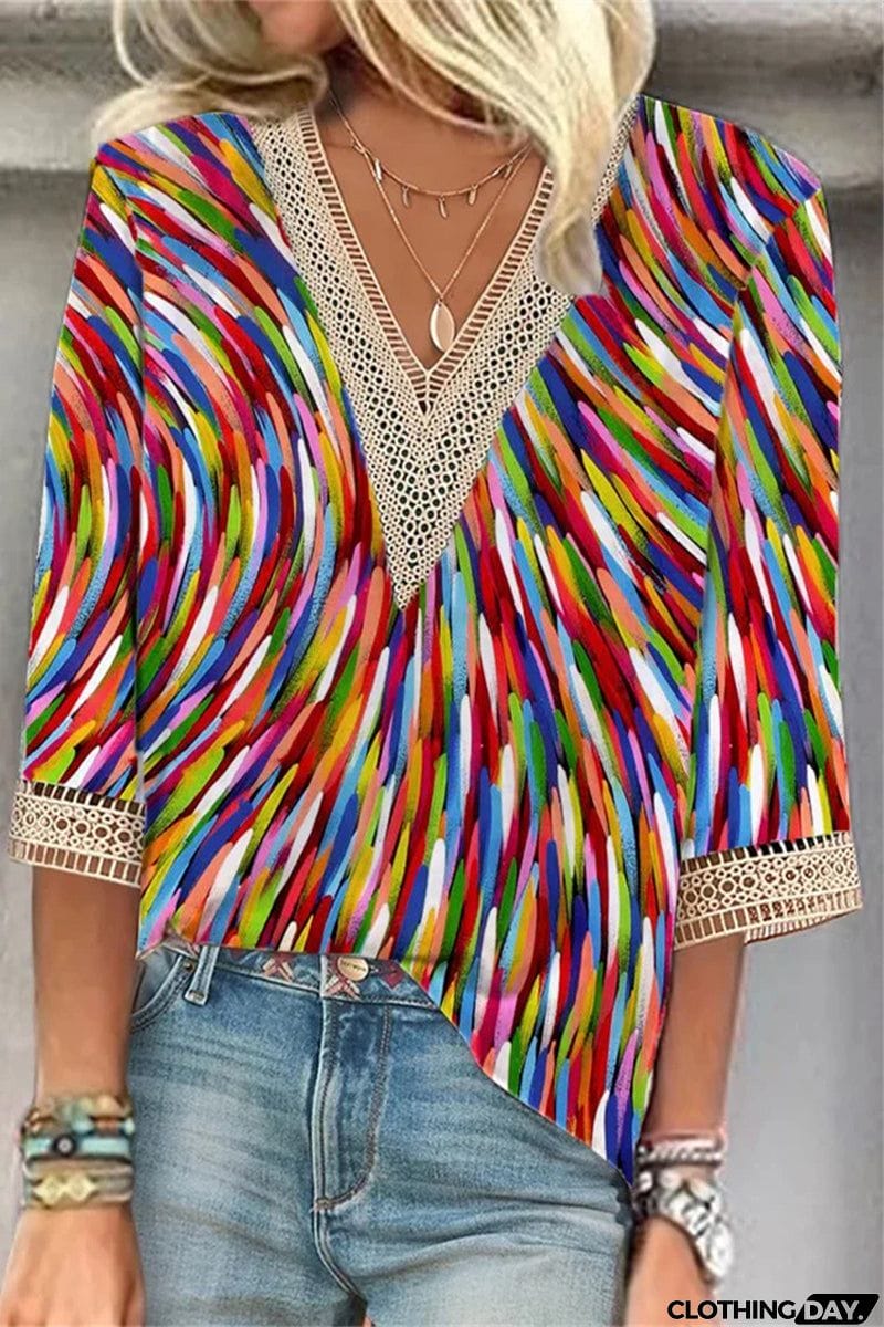 Casual Street Print Patchwork V Neck T-Shirts(6 Colors)