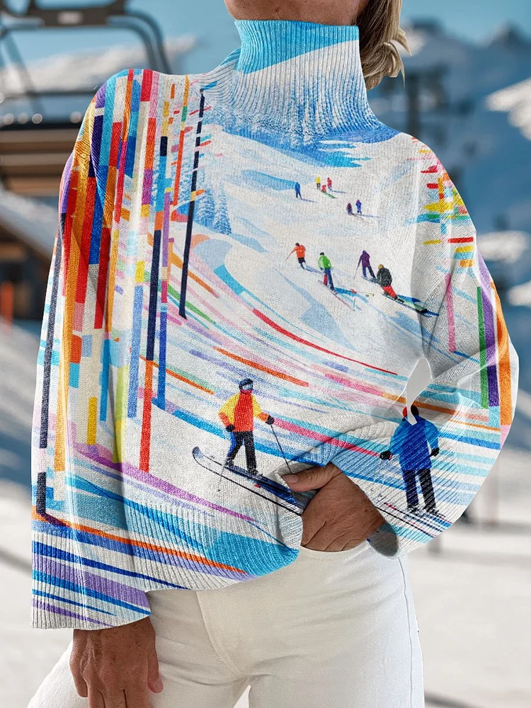 Winter Skiing Art Print Knit Turtleneck Pullover Sweater