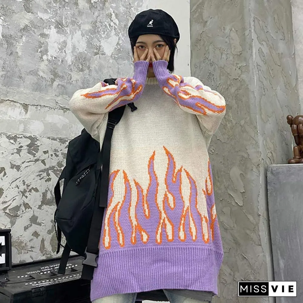 Chic Colorblock Knit Flame Print Sweater