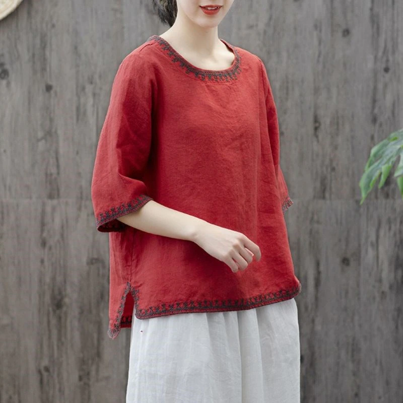 Ethnic Flower Embroidery Women Casual Loose T-shirt