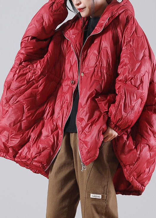Loose Red Hooded drawstring Duck Down Winter down coat CK2415- Fabulory