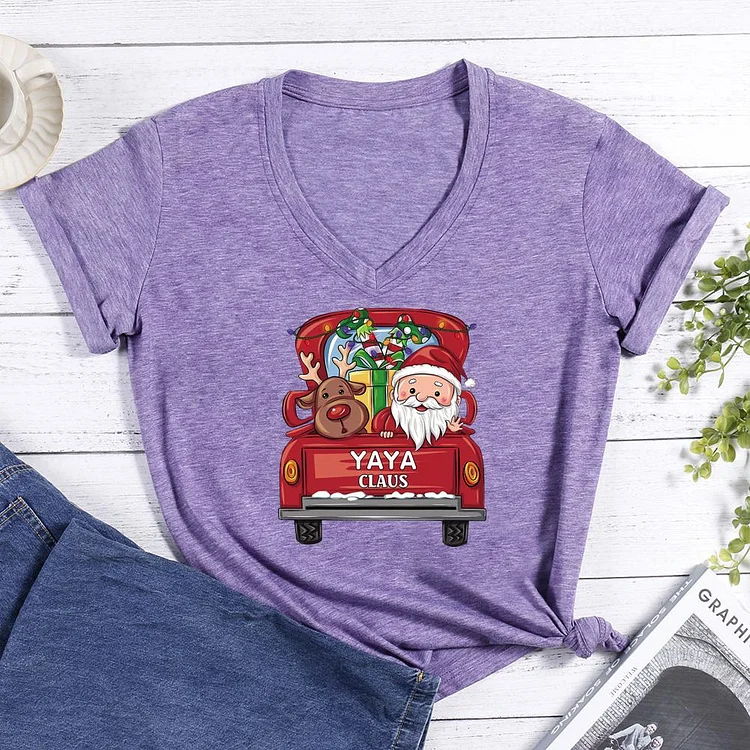 Yaya Claus Reindeer Elf Truck Rides Christmas V-neck T Shirt-Annaletters
