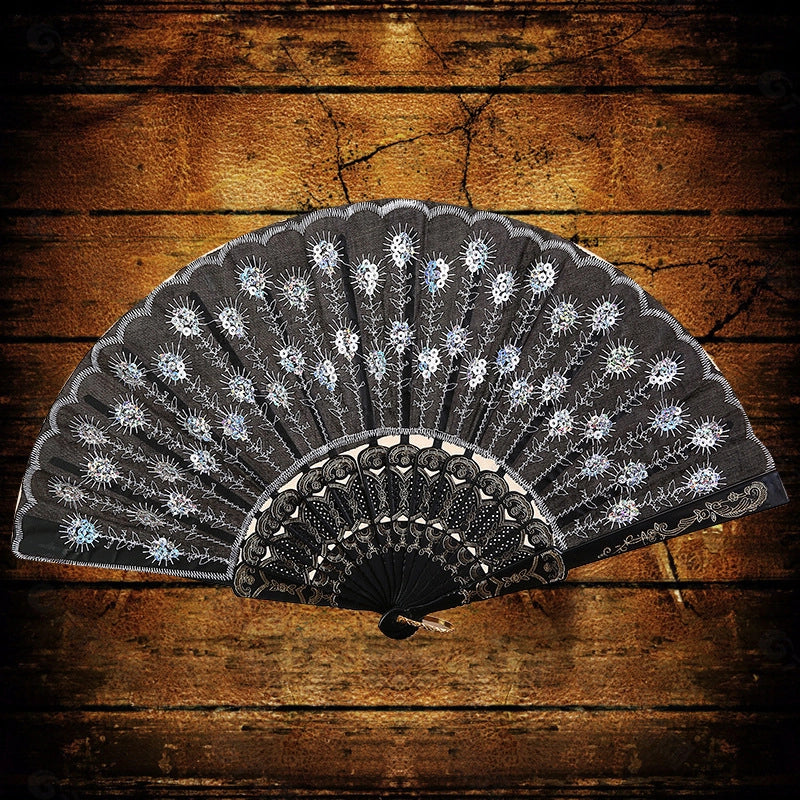 Black Rod Sequin Fan Embroidery Fan Dancing Folding Fan Peacock Fan Gift Folding Fan Fan Wing Chun Fan