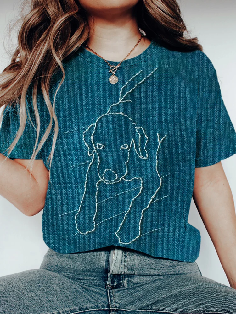 Pet Dog Animal Print Linen Women's T-Shirt