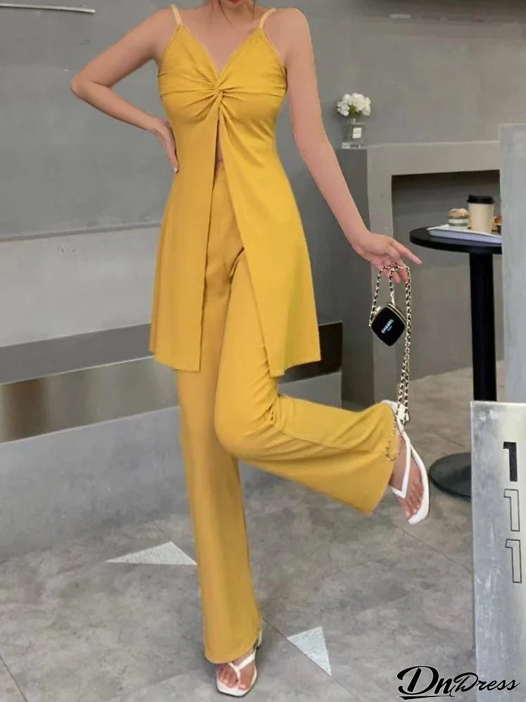 Strap V Neck Split Top & Straight Pants Two Pieces Set