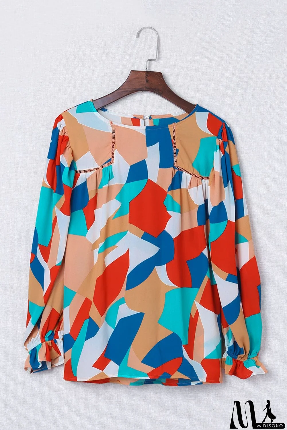 MidiSono - Abstract Pattern Crewneck Ruffled Puff Sleeve Blouse