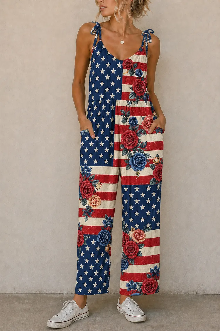Women&rsquo;s Patriotic Floral Patchwork Print Suspender Jumpsuit