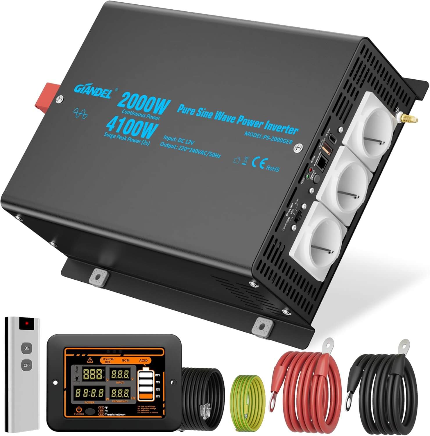 2000W Reiner Sinus Wechselrichter DC 12V auf 230V AC Spannungswandler 