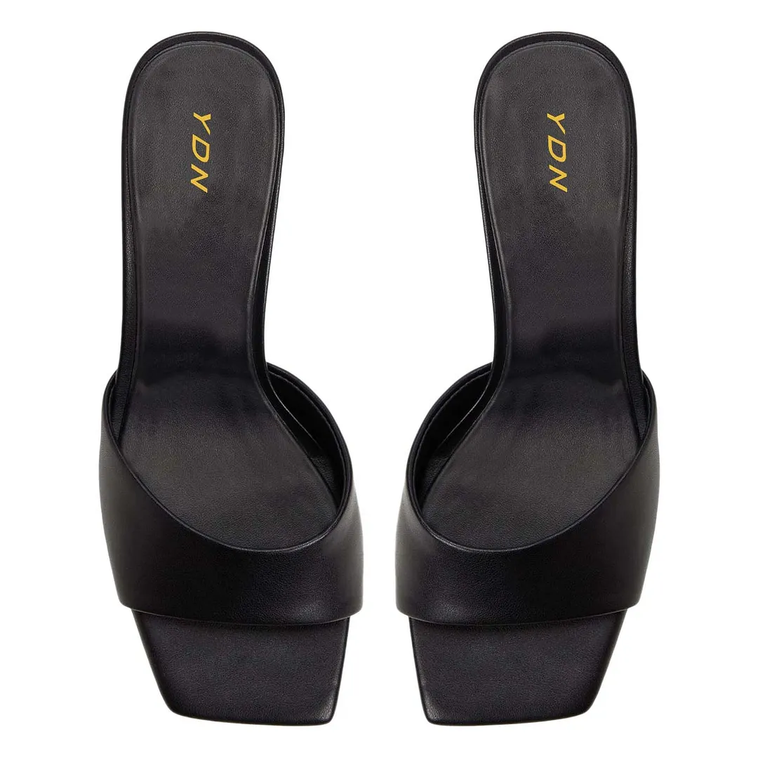 Black Vegan Leather Open Square Toe Chunky Heel Mules Sandals