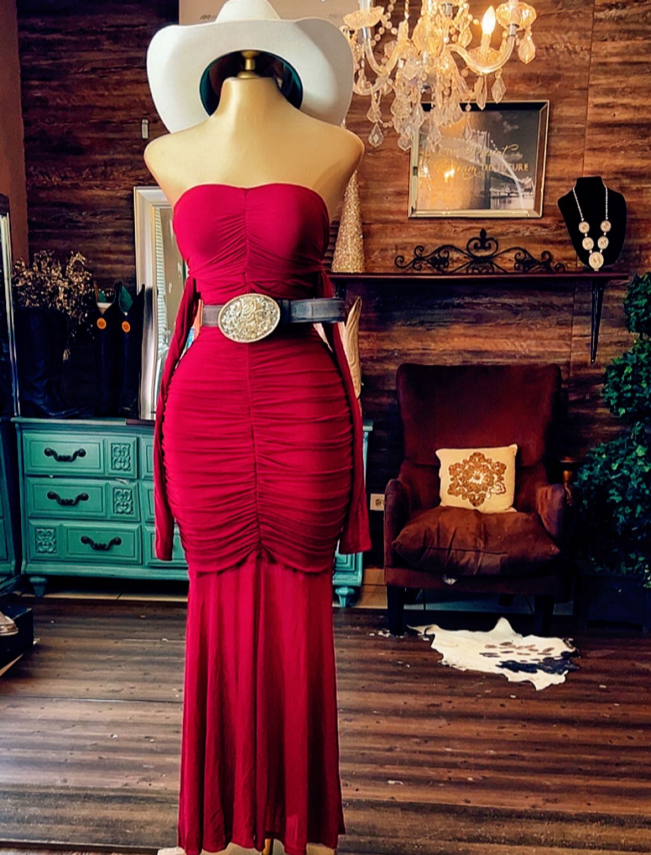 Emara Ruched Waist Sash Maxi Dress Burgundy