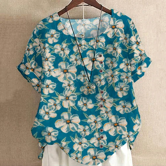 Women'S Floral Pattern Cotton And Linen Short Sleeve Top