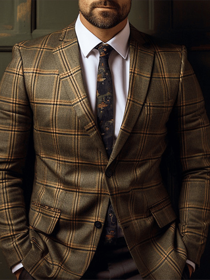Men's Vintage Single-Breasted Plaid Gentleman's Business Suit Jacket 