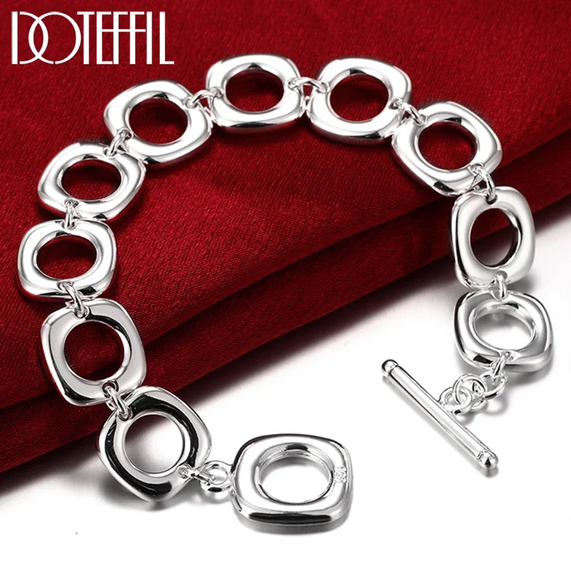 DOTEFFIL 925 Sterling Silver Square Round Circle Chain Bracelet For Woman Men Jewelry