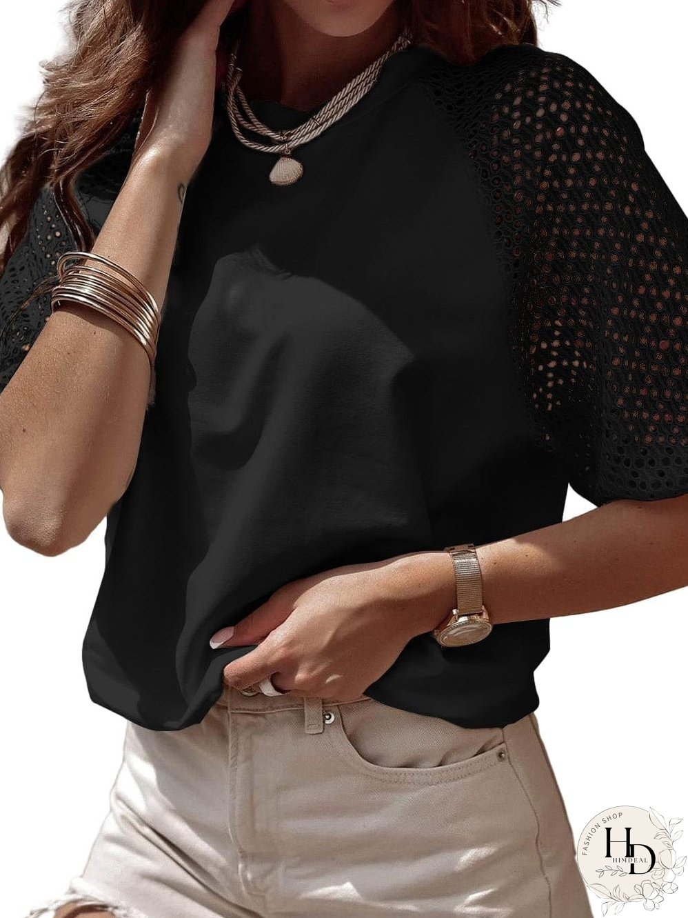 Elegant Black Lace Detail Pointelle Half Sleeve Tee