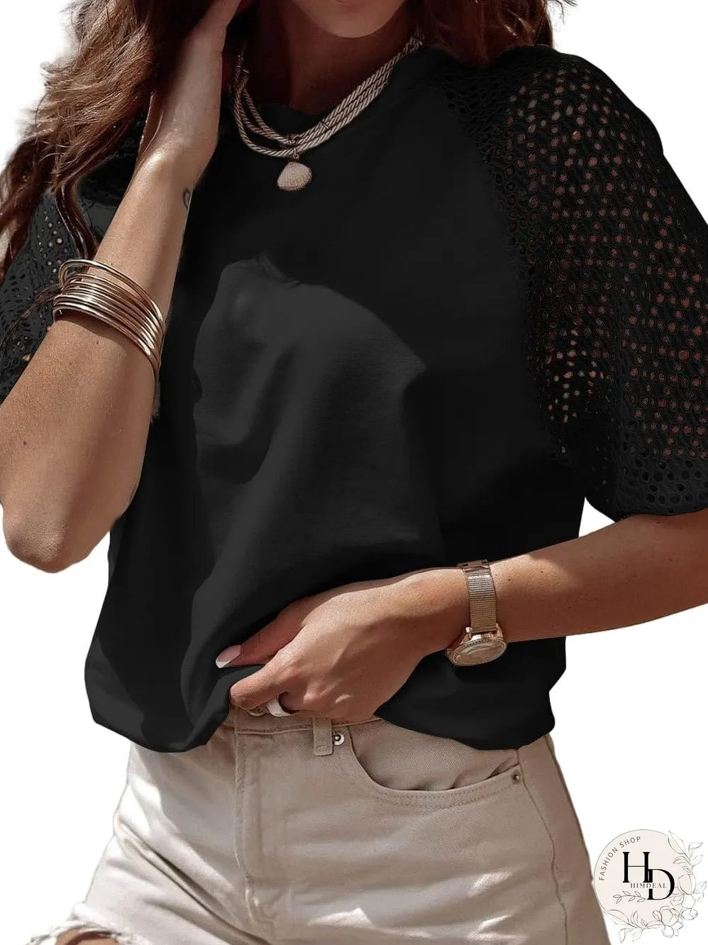 Elegant Black Lace Detail Pointelle Half Sleeve Tee