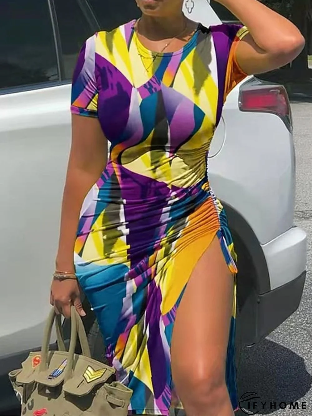 Women's T Shirt Dress Casual Dress T Shirt Dress Tee Dress Leopard Ombre Split Print Crew Neck Midi Dress Active Modern Daily Going out Short Sleeve Slim Light Yellow Black Yellow Summer Spring S M L | IFYHOME