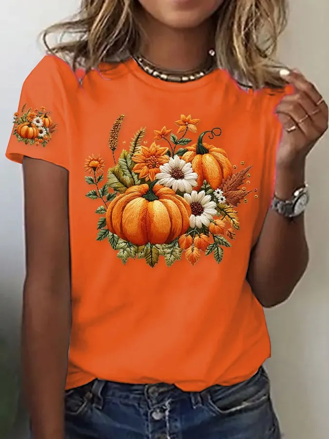 Women's Casual Autumn Pumpkin Short Sleeve T-shirt 