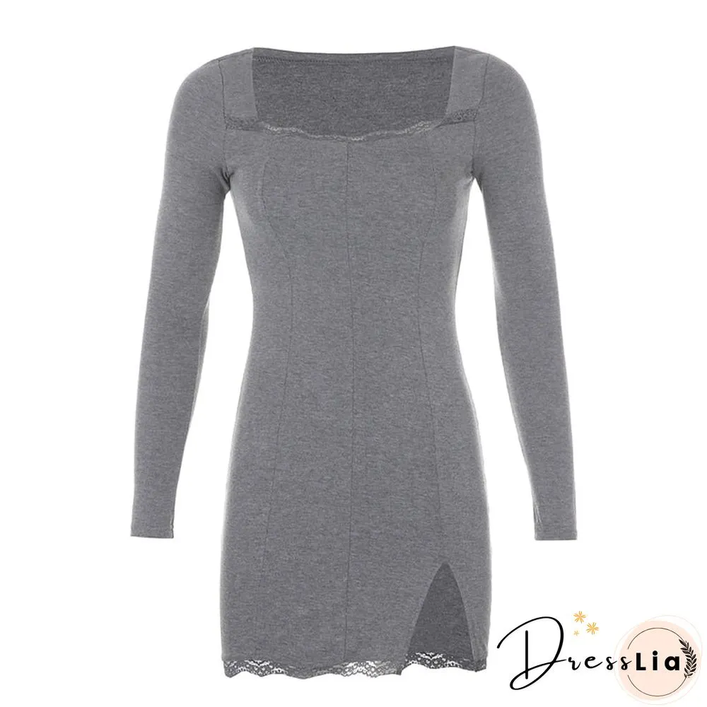 Square Neck Lace Patchwork Bodycon Black Dress Women Elegant Cotton Fashion Side Split