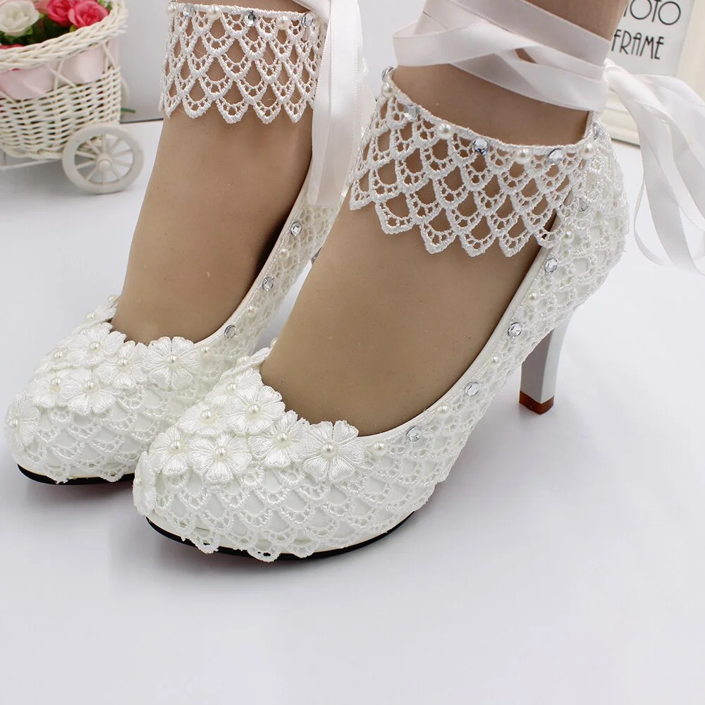 Qengg High-heeled Wedding Shoes 2021 New White Wedding Dress Bridal Shoes European and American Style Lace Lace-up Wedding