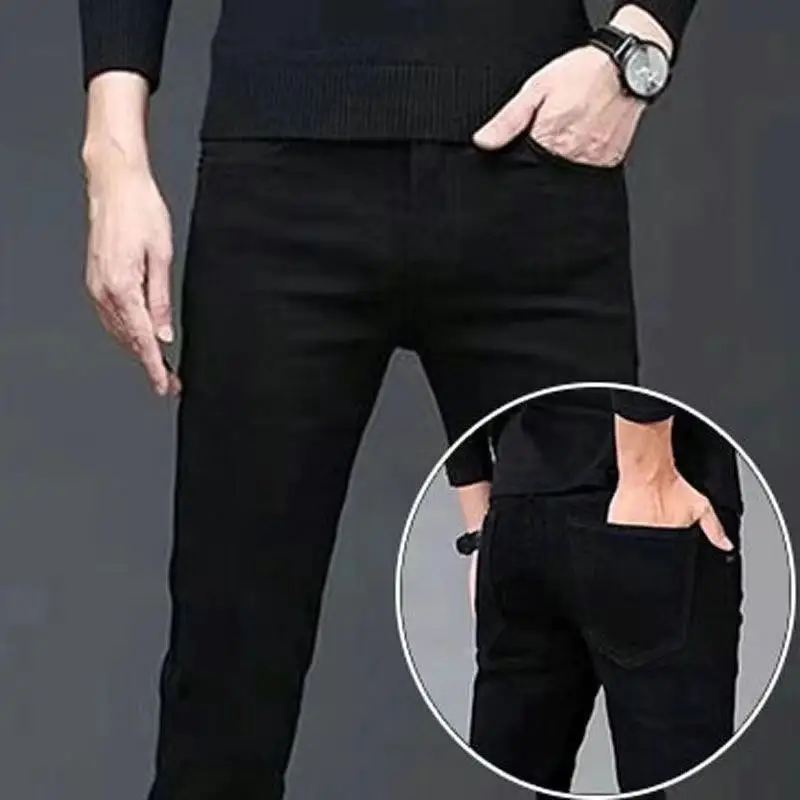 Eastmentires Men's Brushed Jeans Luxury Winter Jeans Velvet Fleece Man Thermal Warm Korean Versatile Elastic Plush Thicken Slim Pencil Pants