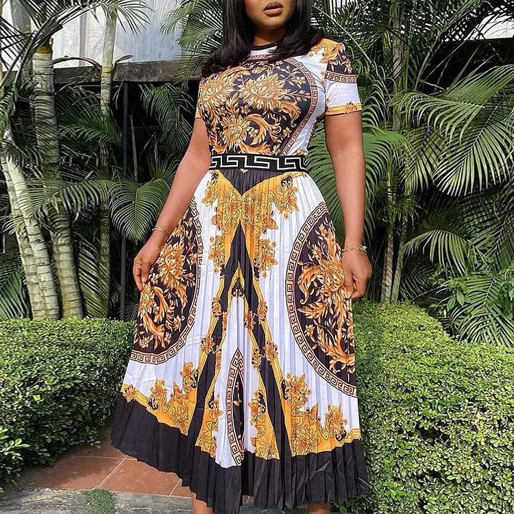 Scarf Pattern Print Short Sleeve Pleated Dress - IRBOOM Fashion Clothing