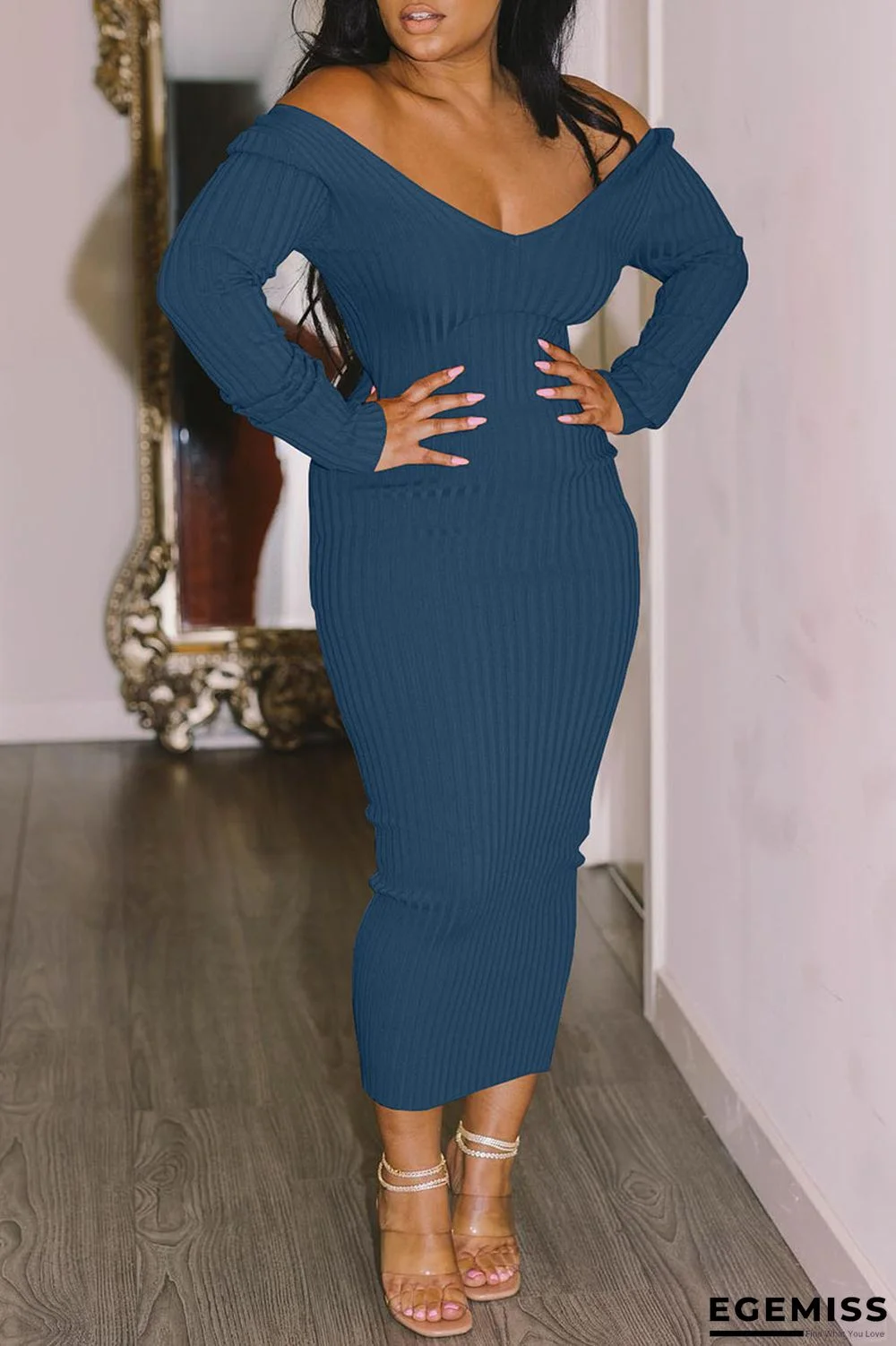 Blue Sexy Solid Patchwork V Neck One Step Skirt Dresses | EGEMISS