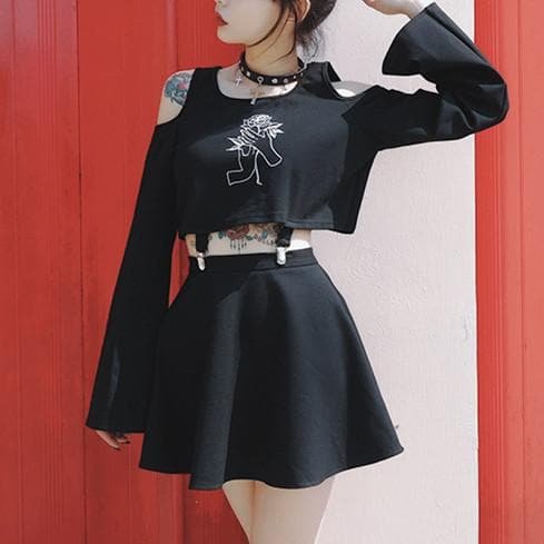 Black Retro Off-Shoulder Flare Sleeve Top and Skirt SP179153