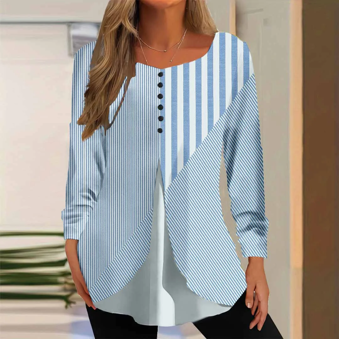 Women Striped,Blue DZGG8301 Long Sleeve Scoop Neck Printed Graphic Button Fake 2in1 Tops