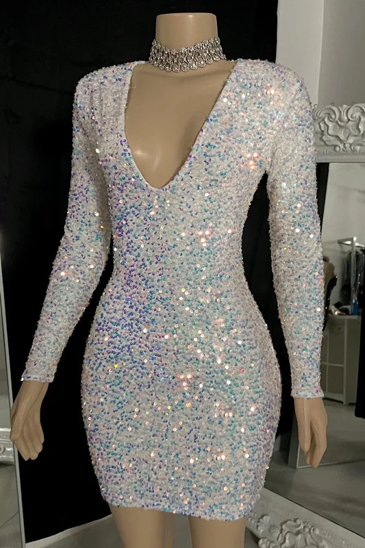 Classy Long Sleeves V Neck Short Prom Dress With Sequins | Ballbellas Ballbellas