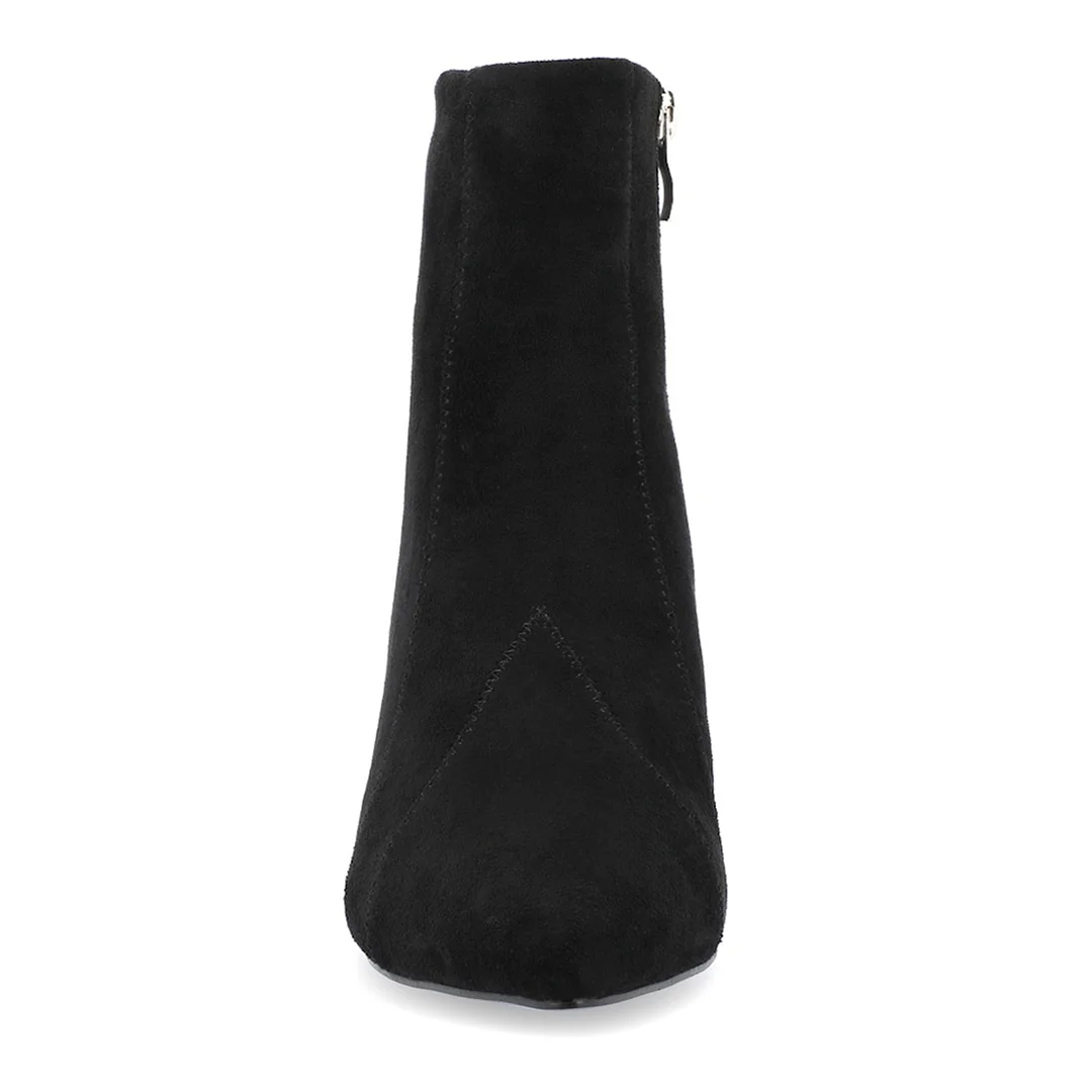 Black Faux Suede Pointed Toe Comfy Ankle Boots with Rhinestone Heels