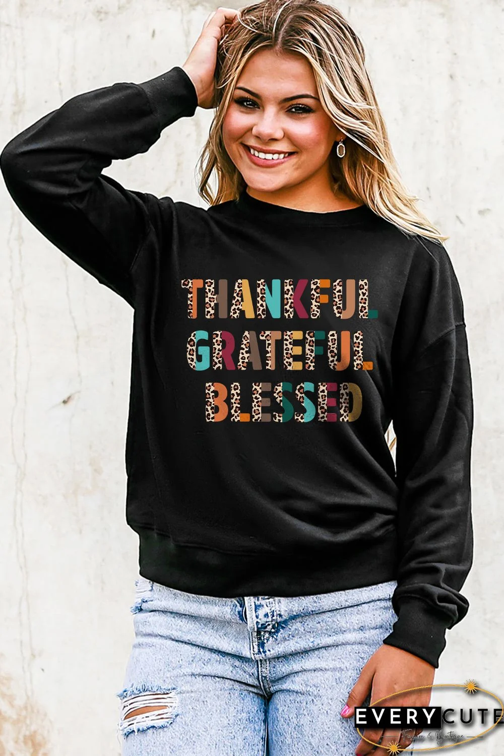 Black THANKFUL GRATEFUL BLESSED Pattern Sweatshirt