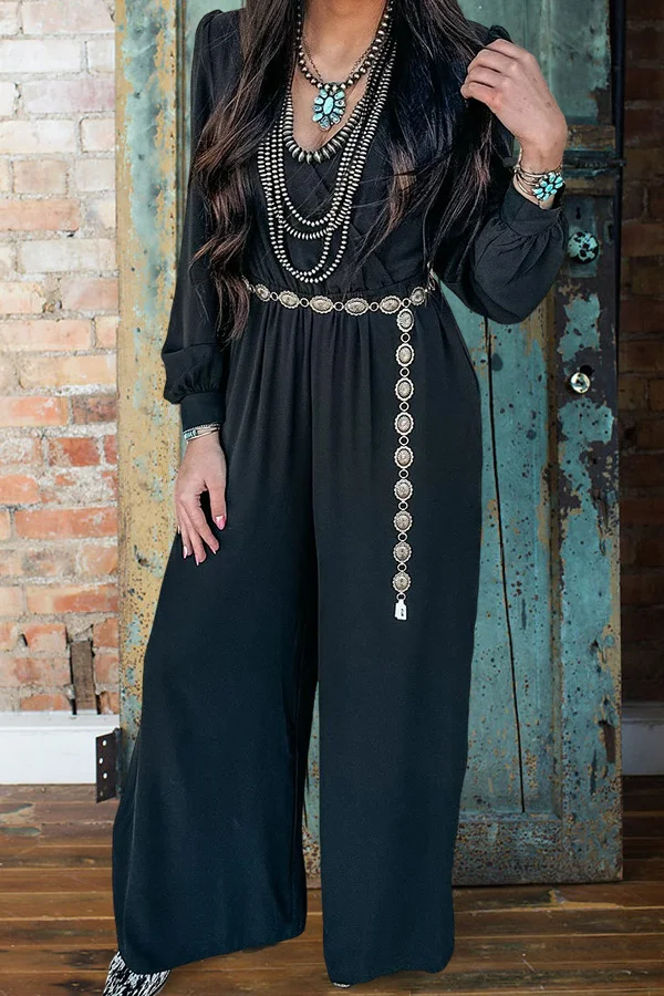 Casual V-Neck Solid Color Jumpsuit