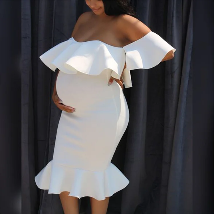 Maternity Stretch Ruffle Neck Long Tail Maxi Dress