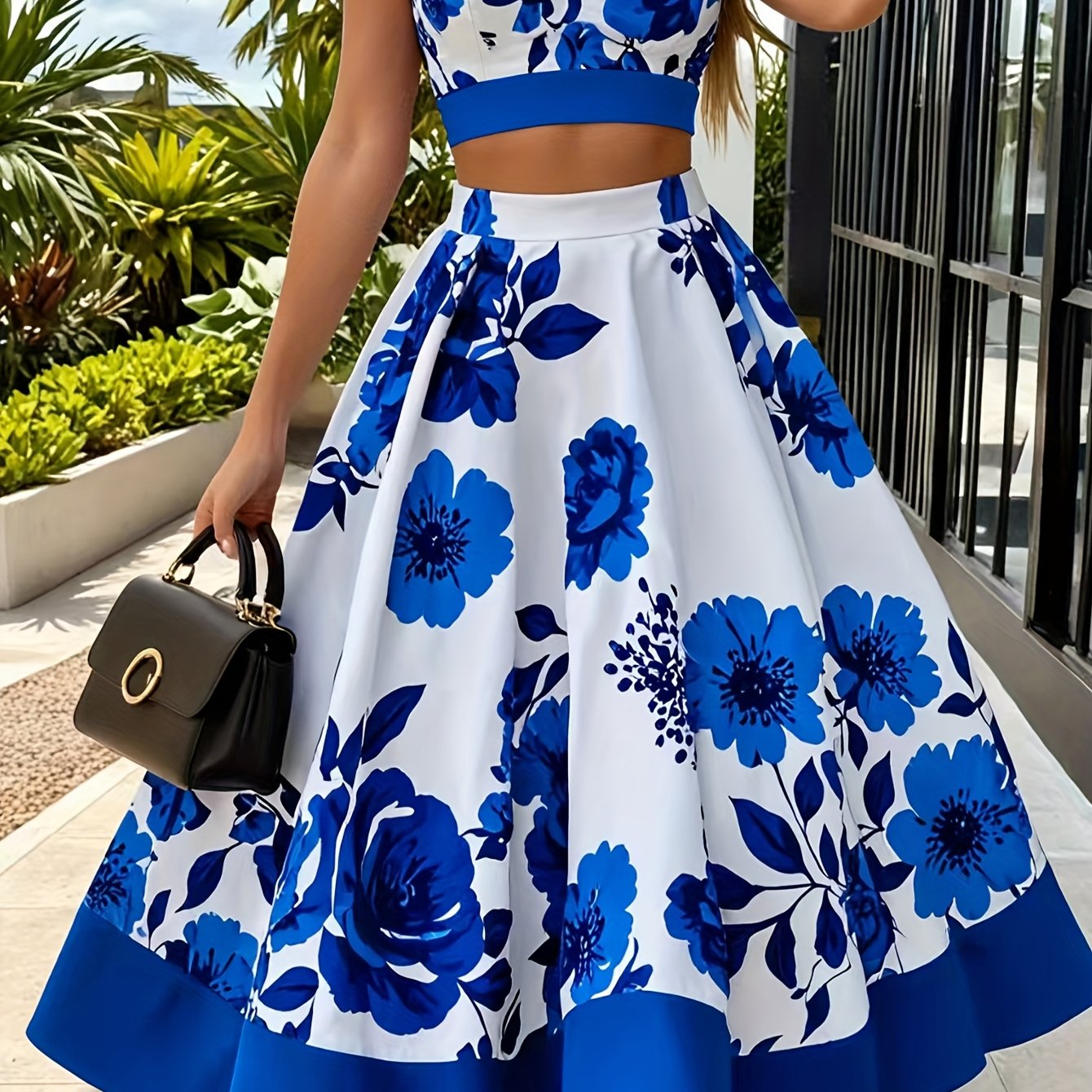 Elegant Floral Print Cami Top & Skirt Set - V-Neck, Sleeveless Crop Top with Ruffled Hem, Blue Floral Print Skirt, Perfect for Spring\u002FFall, Women'S Fashion, Floral Print Blouse