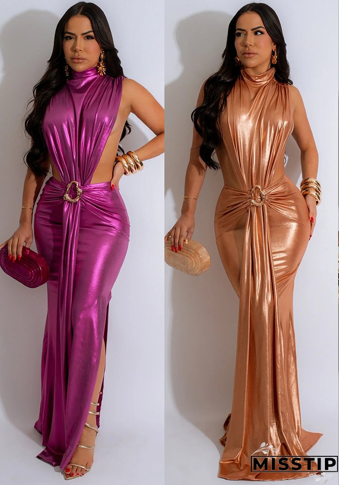 Women metal big round buckle waist decoration slit high-necked sleeveless long skirt