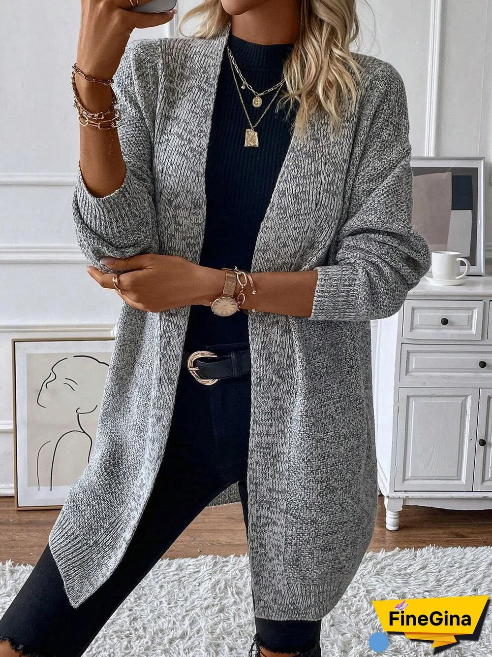 Comfy Plain Grey Collarless Cardigan