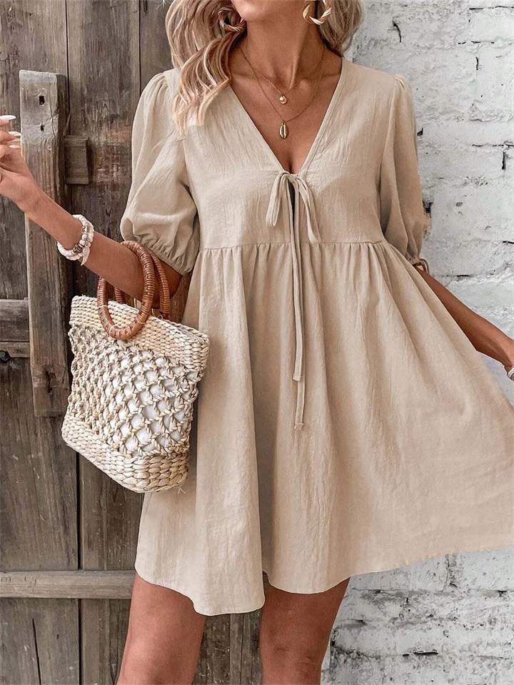 Women's Loose Woven Deep V-Neck Design Tie A Hem Solid Color Dresses