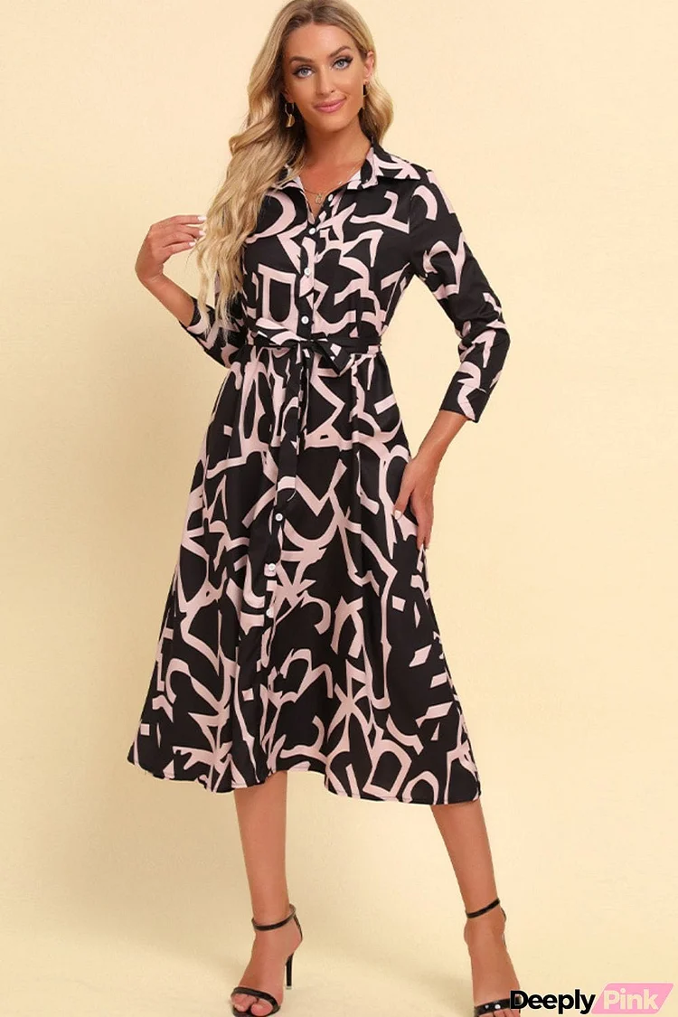 Printed Button Front Belted Midi Dress