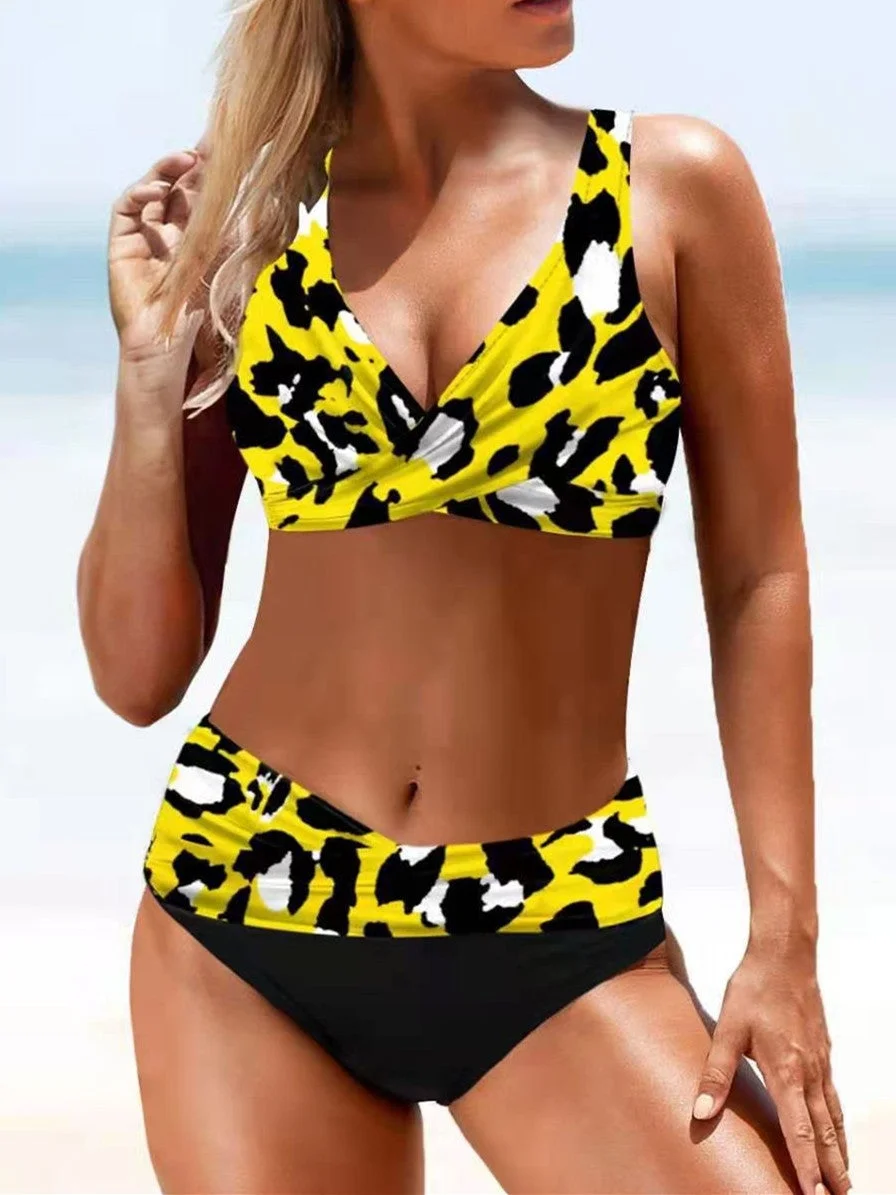 Women Sleeveless V-neck Leopard Graphic Bikini Swimwear
