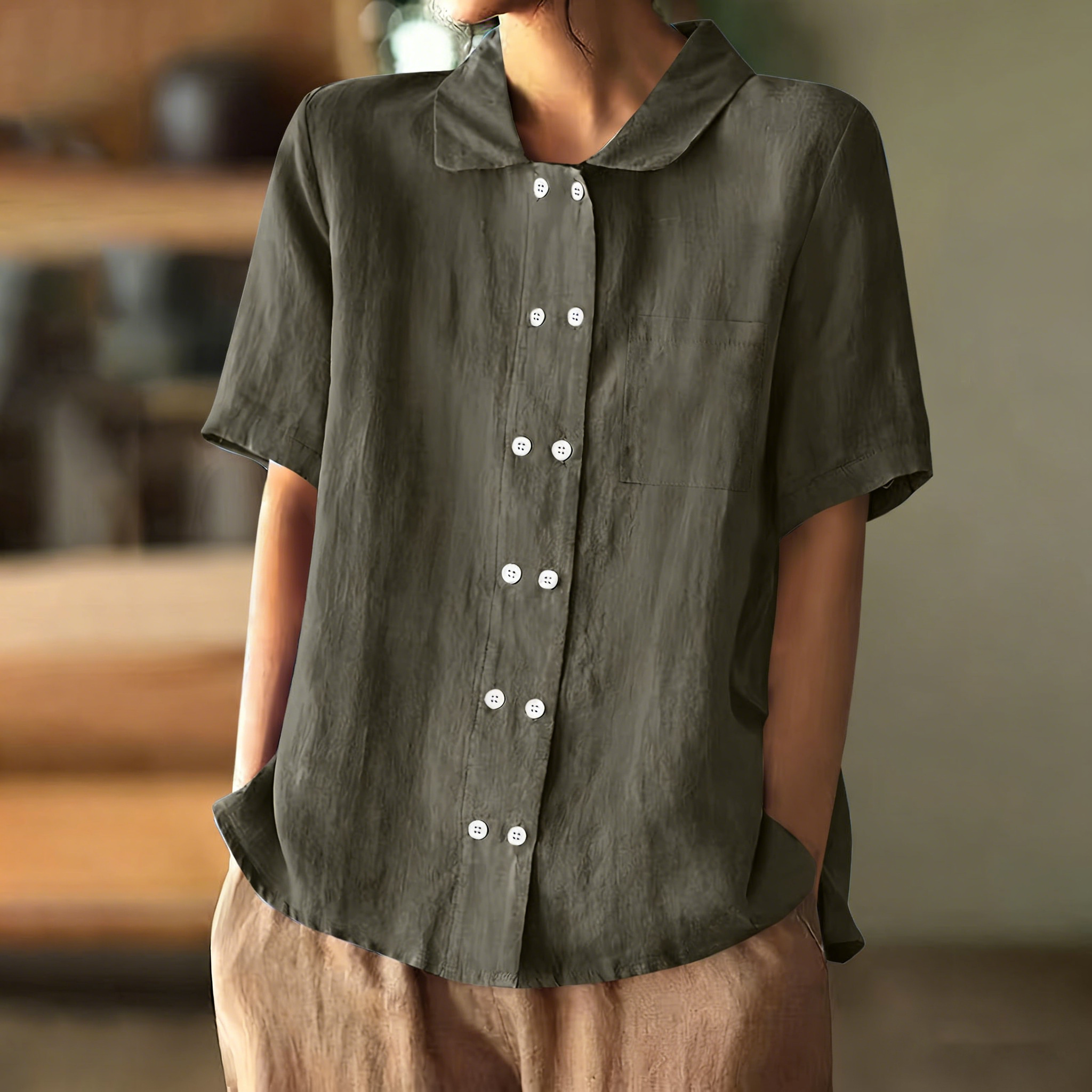 Comstylish Women Loose Button Down Plain Cotton Linen Short Sleeve Blouse