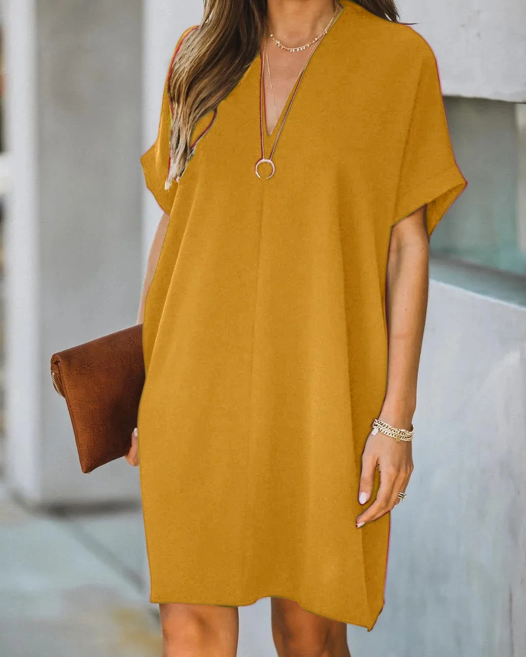 Uveng V-neck Short-sleeved Solid Color Loose Dresses