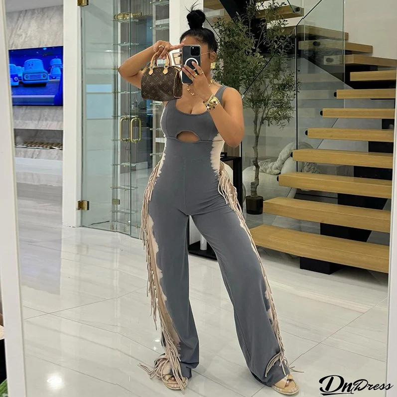 Women's Summer Casual Hollow Sleeveless Tassel Jumpsuit