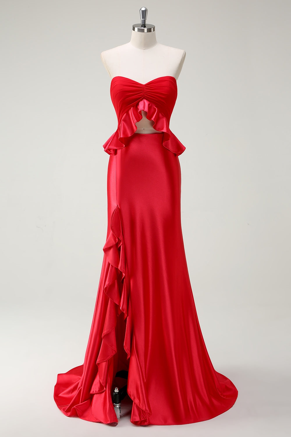 Ovlias Classy Red Strapless Split Draped Sleeveless Fitted Mermaid Prom Dress LY0610