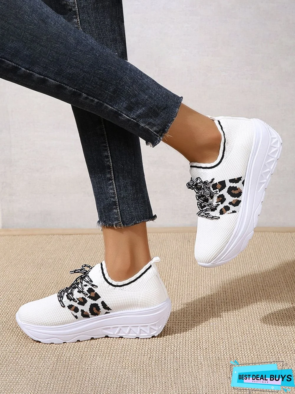 Breathable Leopard Mesh Fabric Slip On Sneakers