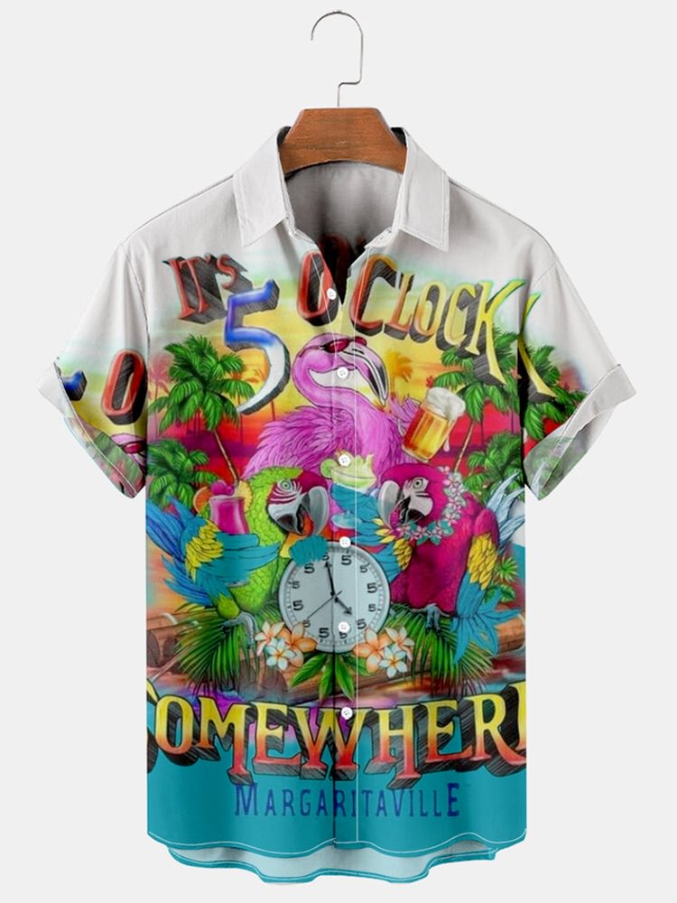 Flamingo and Parrot Print Men's Casual Shirt
