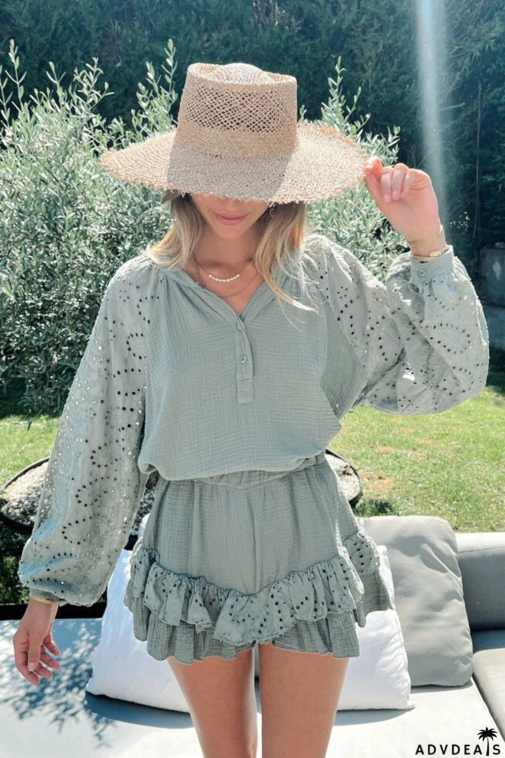 Green Eyelet Arm Ruffled and Shorts Raglan Top Set