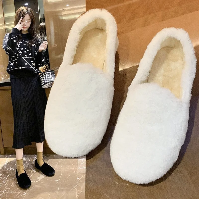 2020 Warm Winter Shoes Cute Bow Women Ballet Flats Soft Fur Padded Cotton Shoes Woman Ankle Snow Boots Slip on Furry Slides For