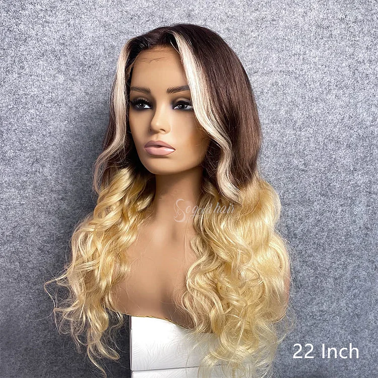 Ombre Brown Highlights 613 Blonde Loose Wave Transparent Lace Front Wig