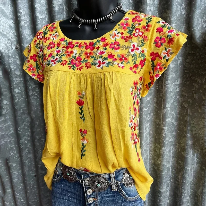 Fashion flower embroidery western graphic tees