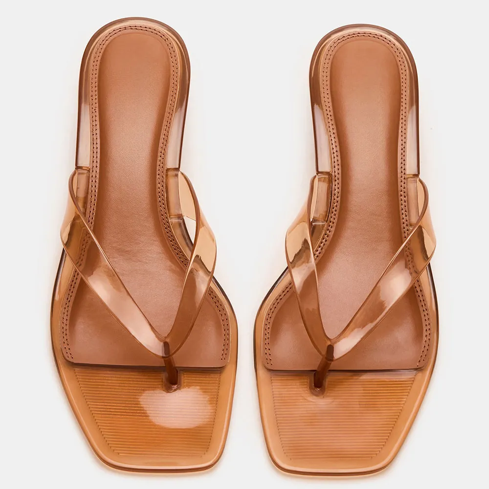 Brown Open Square Toe Slip-On Clear Sandals with Kitten Heel